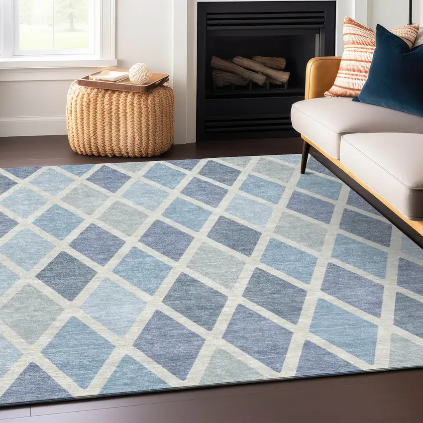 Sky Blue And Ivory Geometric Washable Indoor Outdoor Area Rug Photo 8