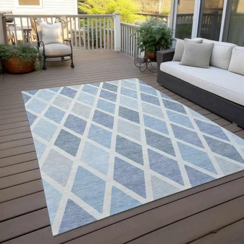 Sky Blue And Ivory Geometric Washable Indoor Outdoor Area Rug Photo 9