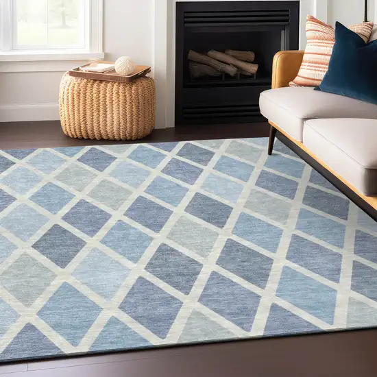 Sky Blue And Ivory Geometric Washable Indoor Outdoor Area Rug Photo 8