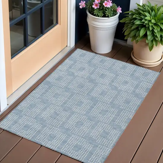 Sky Blue And Ivory Geometric Washable Indoor Outdoor Area Rug Photo 1