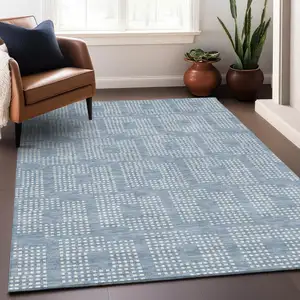 Photo of Sky Blue And Ivory Geometric Washable Indoor Outdoor Area Rug