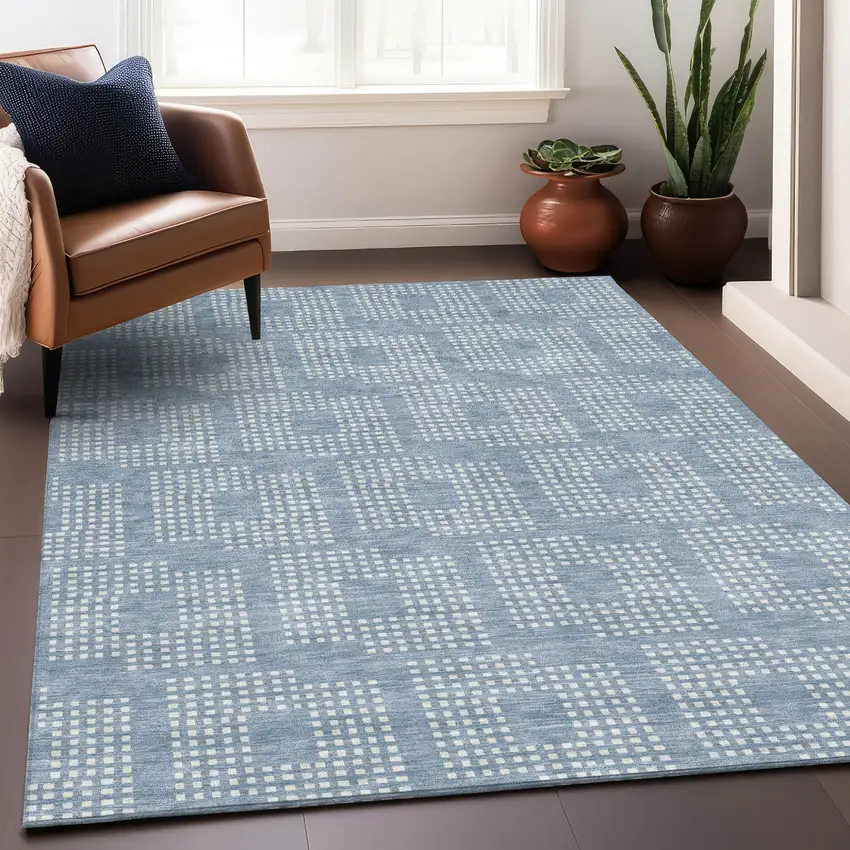 Sky Blue And Ivory Geometric Washable Indoor Outdoor Area Rug Photo 9
