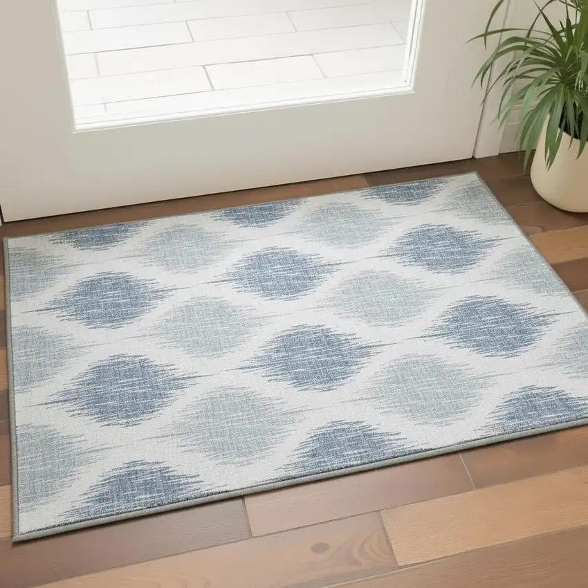 Sky Blue And Ivory Ikat Washable Area Rug With UV Protection Photo 2
