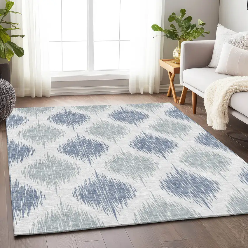 Sky Blue And Ivory Ikat Washable Area Rug With UV Protection Photo 6