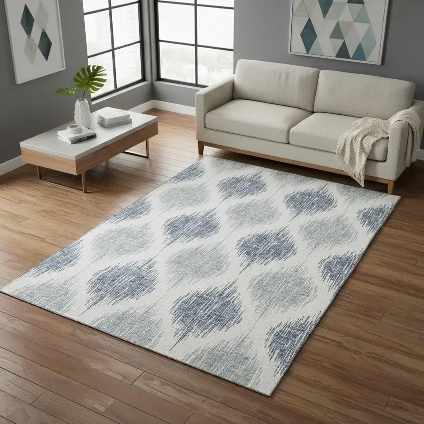 Sky Blue And Ivory Ikat Washable Area Rug With UV Protection Photo 2