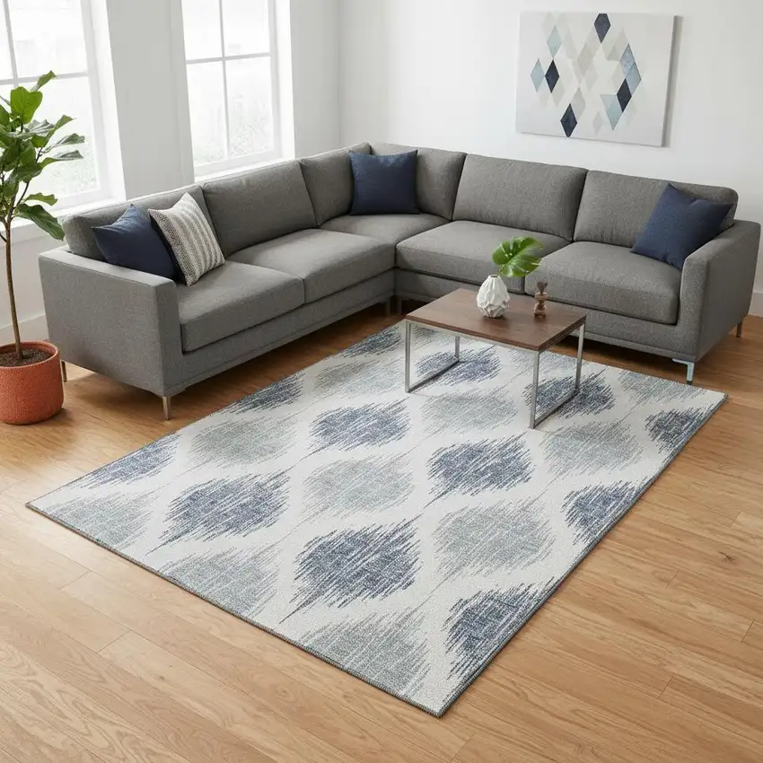 Sky Blue And Ivory Ikat Washable Area Rug With UV Protection Photo 2