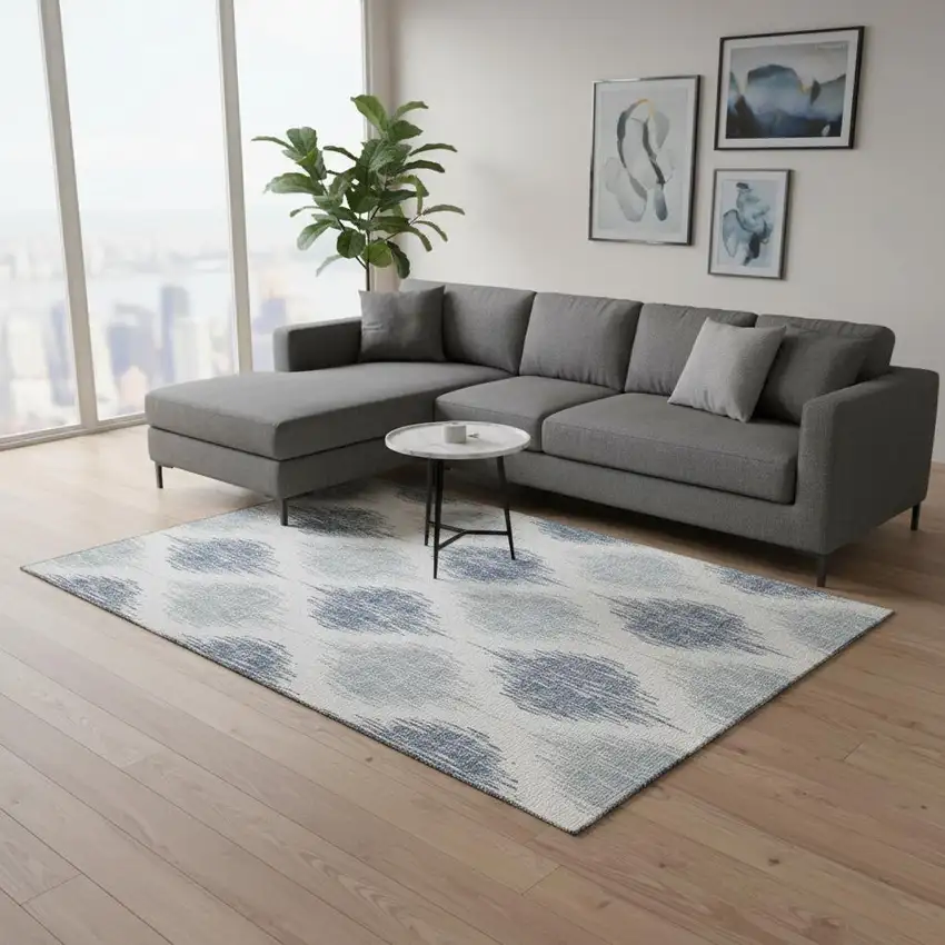 Sky Blue And Ivory Ikat Washable Area Rug With UV Protection Photo 2