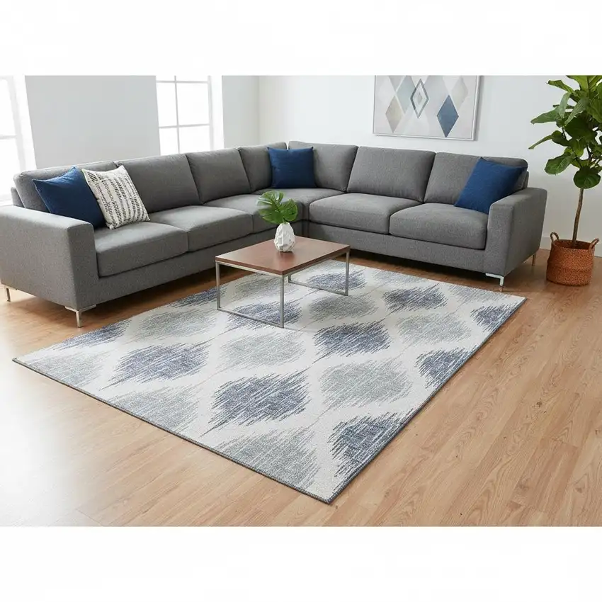 Sky Blue And Ivory Ikat Washable Area Rug With UV Protection Photo 2