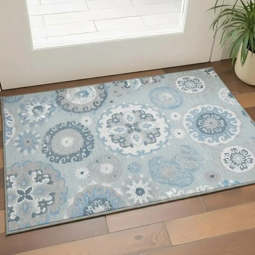 Sky Blue And Ivory Medallion Washable Area Rug With UV Protection Photo 2