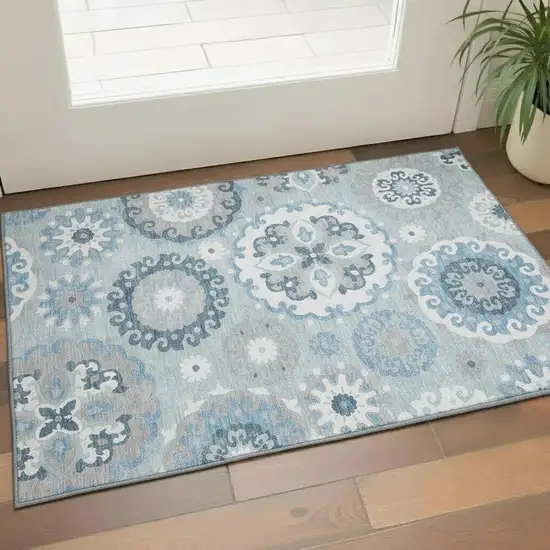 Sky Blue And Ivory Medallion Washable Area Rug With UV Protection Photo 1