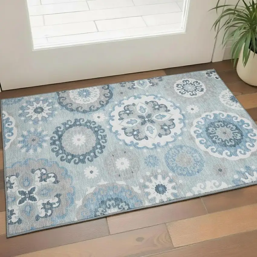 Sky Blue And Ivory Medallion Washable Area Rug With UV Protection Photo 1