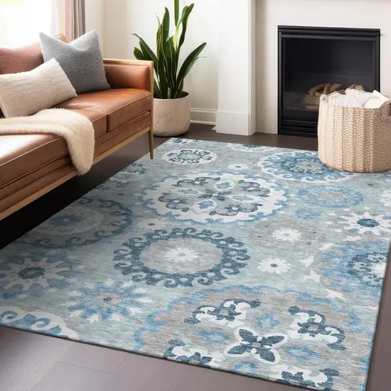 Sky Blue And Ivory Medallion Washable Area Rug With UV Protection Photo 6