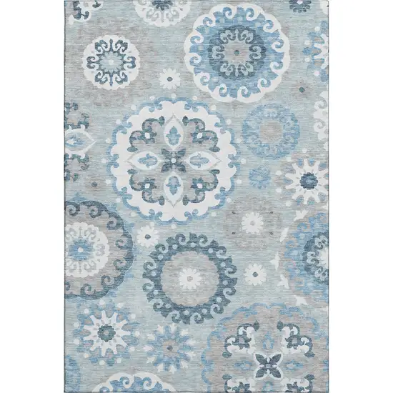 Sky Blue And Ivory Medallion Washable Area Rug With UV Protection Photo 1