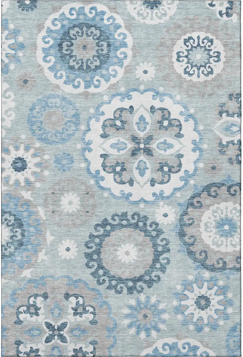Sky Blue And Ivory Medallion Washable Area Rug With UV Protection Photo 4