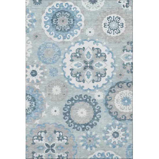 Sky Blue And Ivory Medallion Washable Area Rug With UV Protection Photo 4