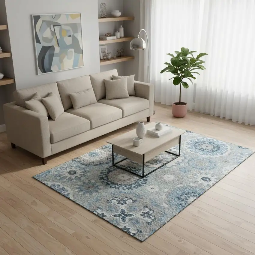 Sky Blue And Ivory Medallion Washable Area Rug With UV Protection Photo 2