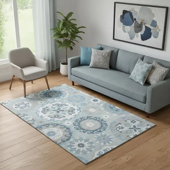 Sky Blue And Ivory Medallion Washable Area Rug With UV Protection Photo 1