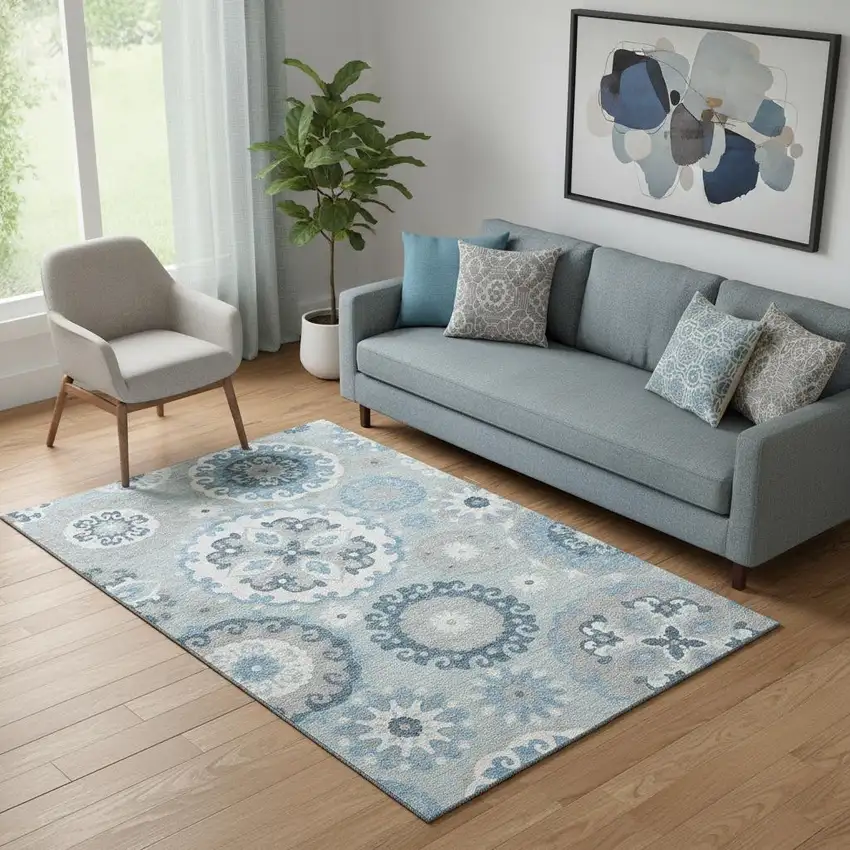 Sky Blue And Ivory Medallion Washable Area Rug With UV Protection Photo 1