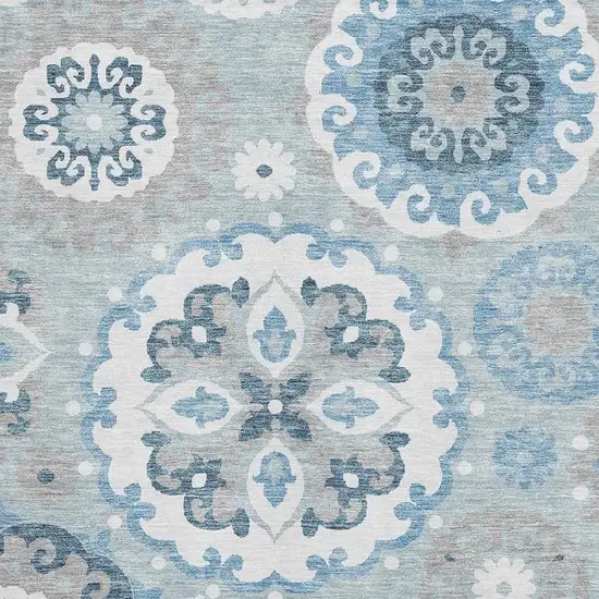 Sky Blue And Ivory Medallion Washable Area Rug With UV Protection Photo 3