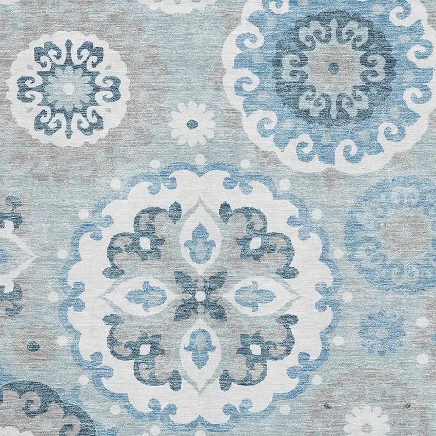 Sky Blue And Ivory Medallion Washable Area Rug With UV Protection Photo 3
