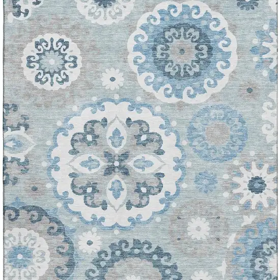 Sky Blue And Ivory Medallion Washable Area Rug With UV Protection Photo 4