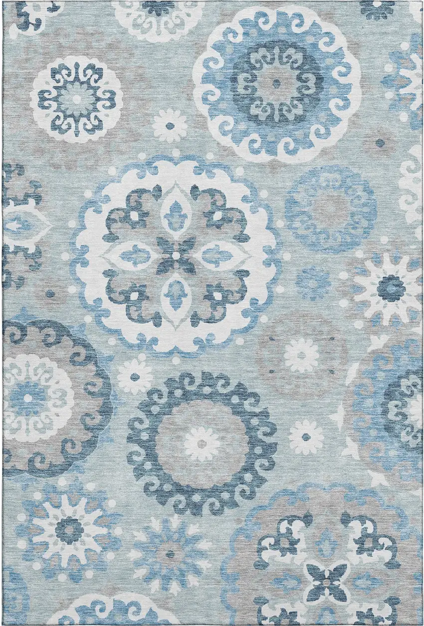 Sky Blue And Ivory Medallion Washable Area Rug With UV Protection Photo 1