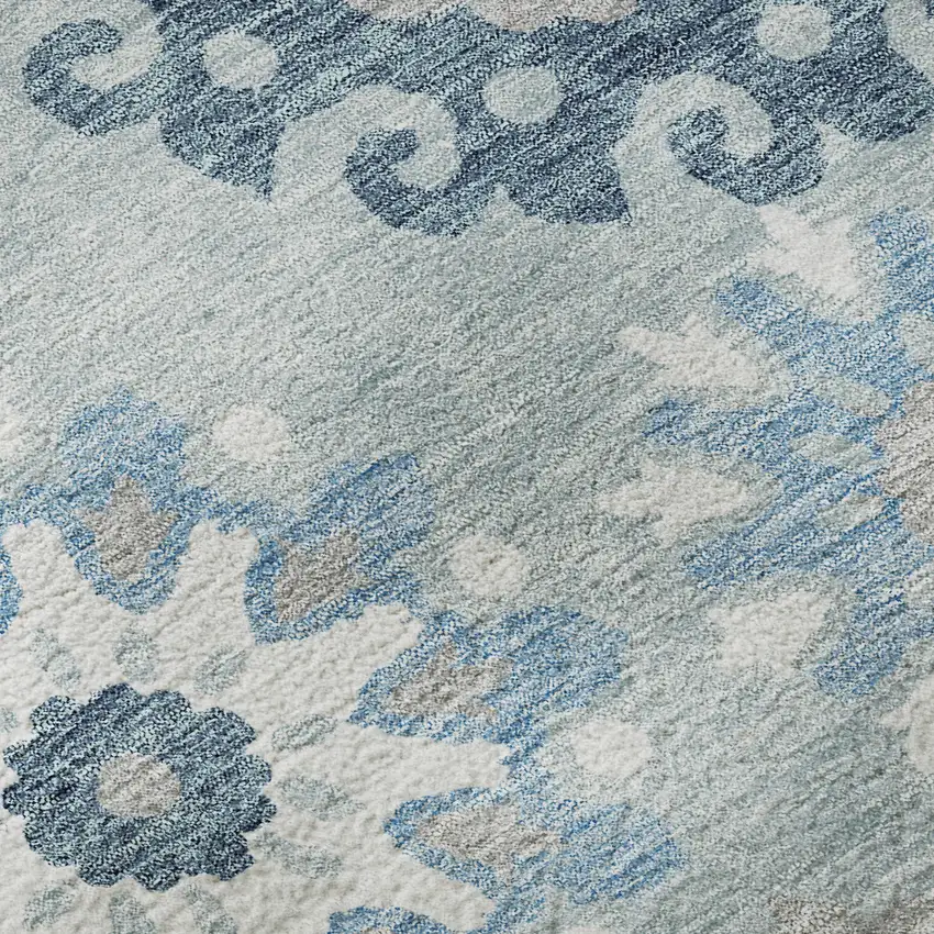 Sky Blue And Ivory Medallion Washable Area Rug With UV Protection Photo 9