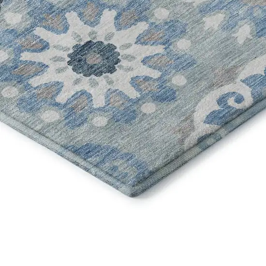 Sky Blue And Ivory Medallion Washable Area Rug With UV Protection Photo 7