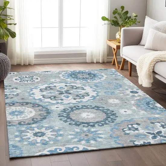 Sky Blue And Ivory Medallion Washable Area Rug With UV Protection Photo 4