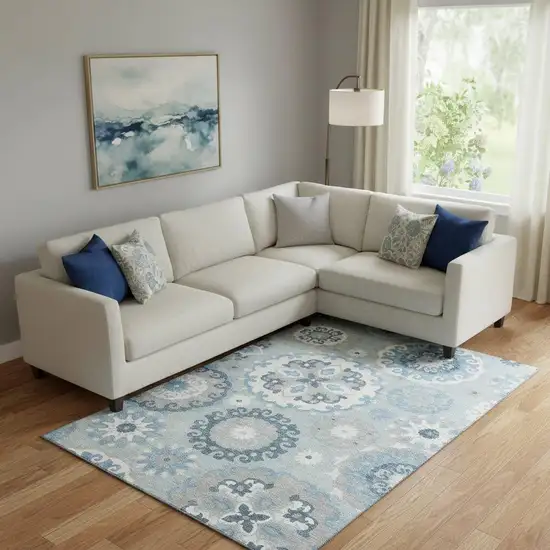 Sky Blue And Ivory Medallion Washable Area Rug With UV Protection Photo 1