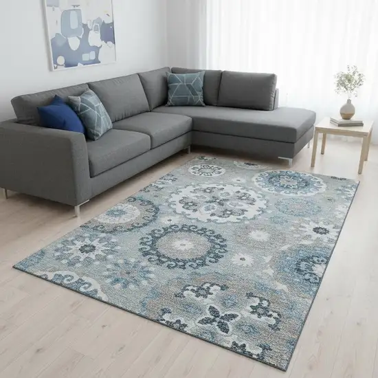 Sky Blue And Ivory Medallion Washable Area Rug With UV Protection Photo 2