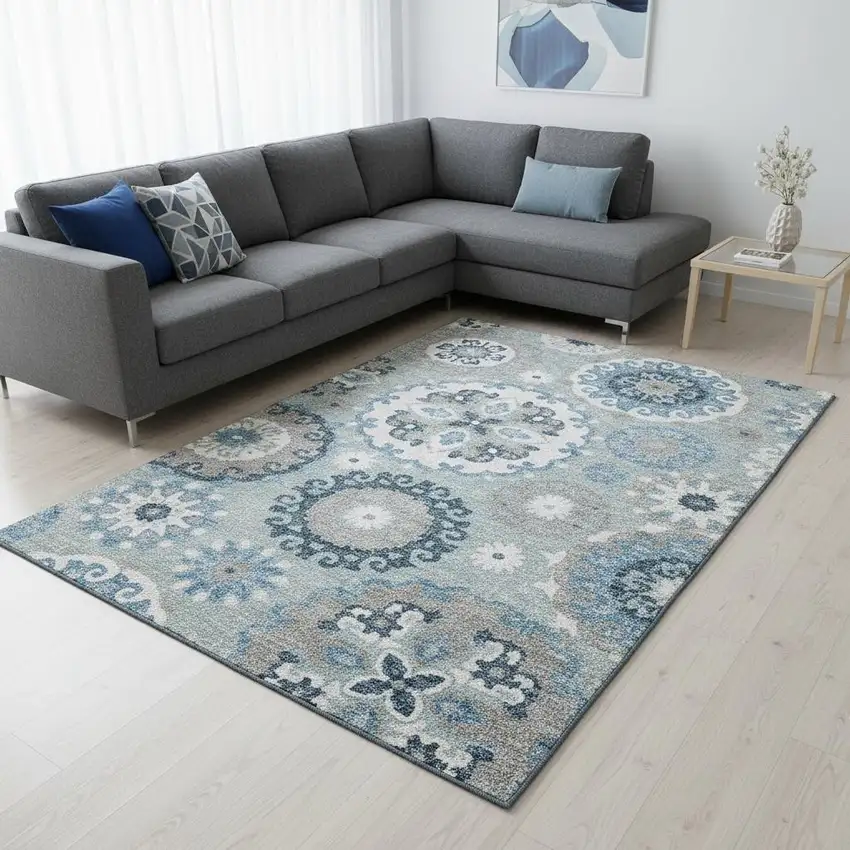 Sky Blue And Ivory Medallion Washable Area Rug With UV Protection Photo 2