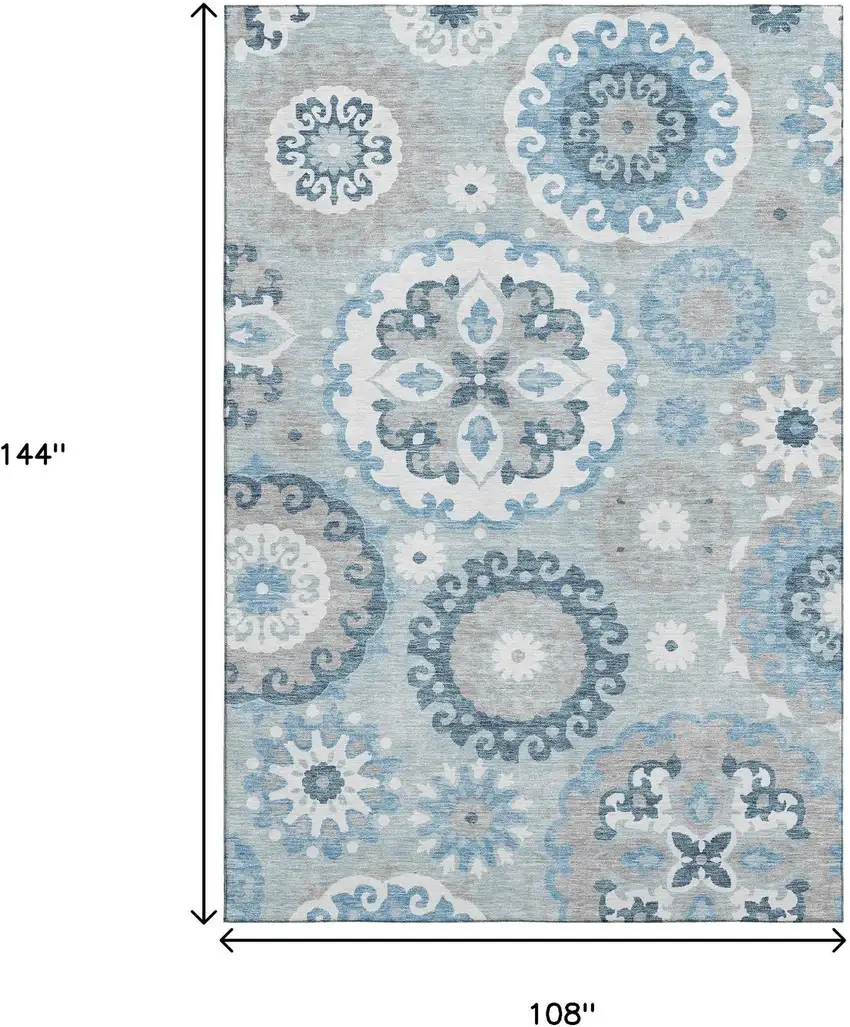 Sky Blue And Ivory Medallion Washable Area Rug With UV Protection Photo 3