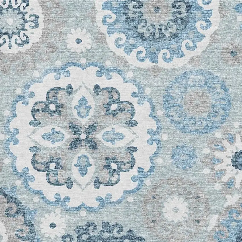 Sky Blue And Ivory Medallion Washable Area Rug With UV Protection Photo 3