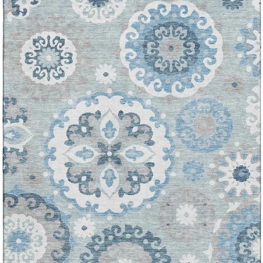 Sky Blue And Ivory Medallion Washable Area Rug With UV Protection Photo 4