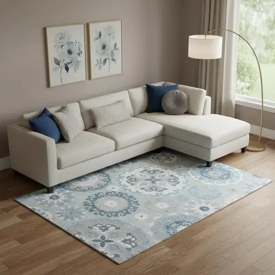 Sky Blue And Ivory Medallion Washable Area Rug With UV Protection Photo 1