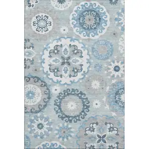Photo of Sky Blue And Ivory Medallion Washable Area Rug With UV Protection