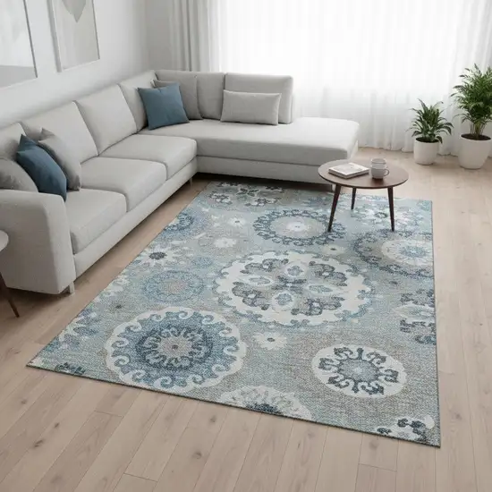 Sky Blue And Ivory Medallion Washable Area Rug With UV Protection Photo 2