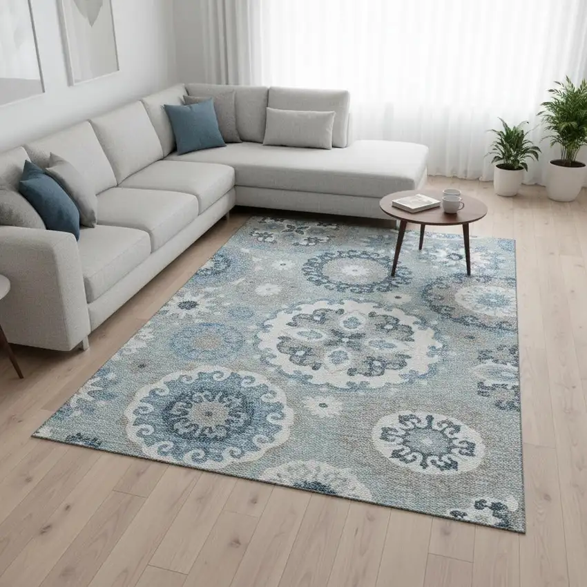Sky Blue And Ivory Medallion Washable Area Rug With UV Protection Photo 2