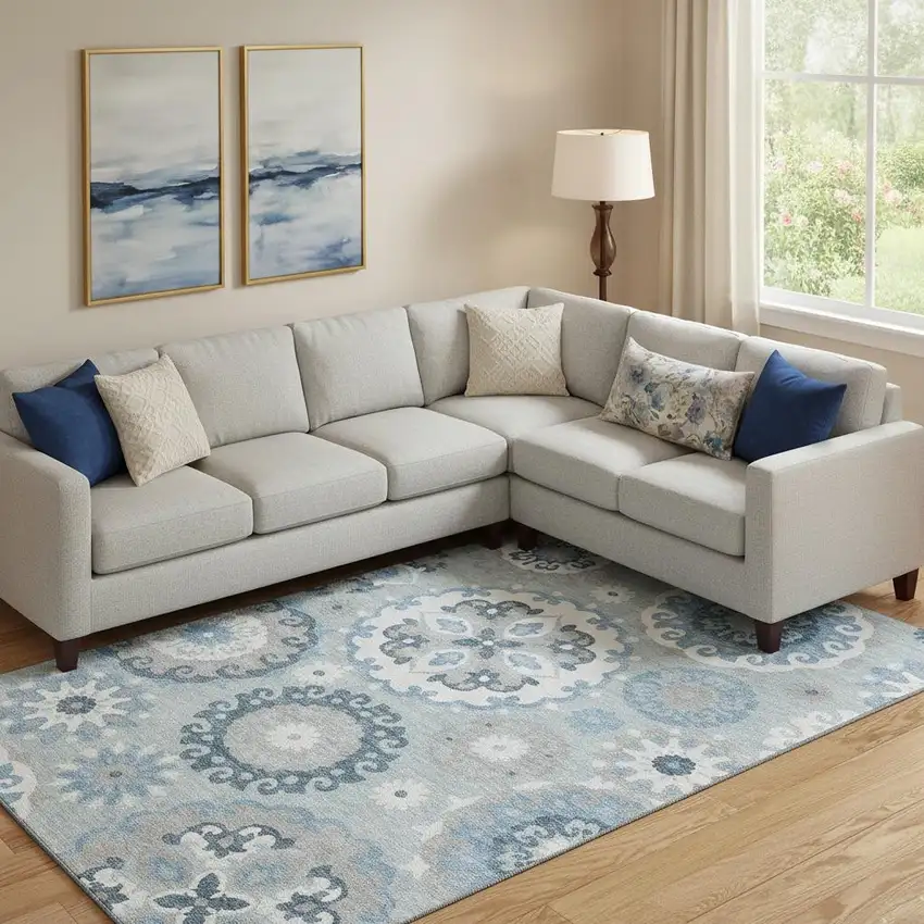 Sky Blue And Ivory Medallion Washable Area Rug With UV Protection Photo 1