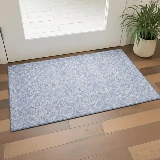 Sky Blue And Ivory Medallion Washable Area Rug With UV Protection Photo 1