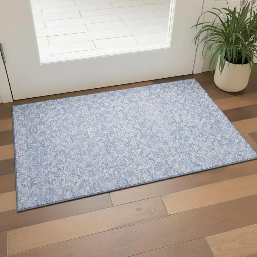 Sky Blue And Ivory Medallion Washable Area Rug With UV Protection Photo 1