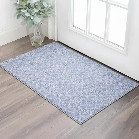 Sky Blue And Ivory Medallion Washable Area Rug With UV Protection Photo 2