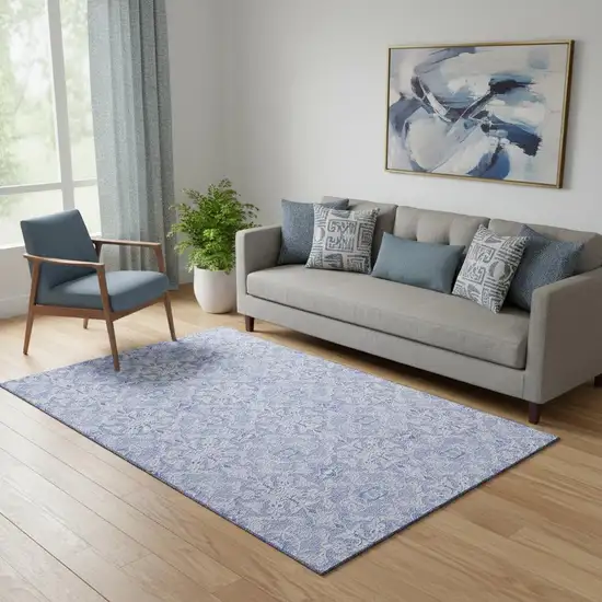 Sky Blue And Ivory Medallion Washable Area Rug With UV Protection Photo 1