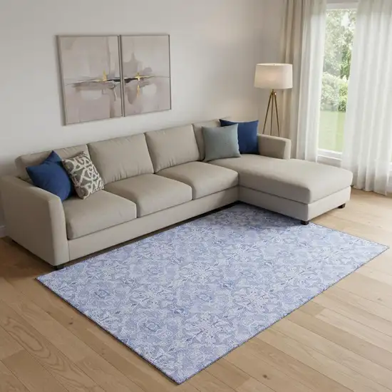 Sky Blue And Ivory Medallion Washable Area Rug With UV Protection Photo 1