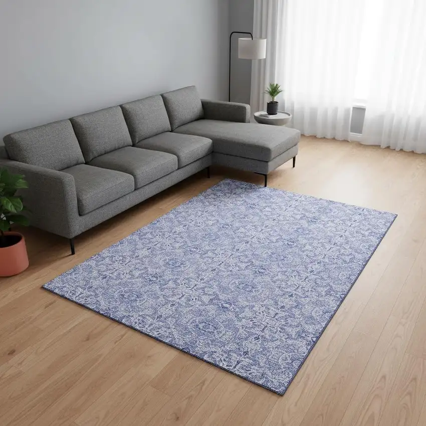 Sky Blue And Ivory Medallion Washable Area Rug With UV Protection Photo 2