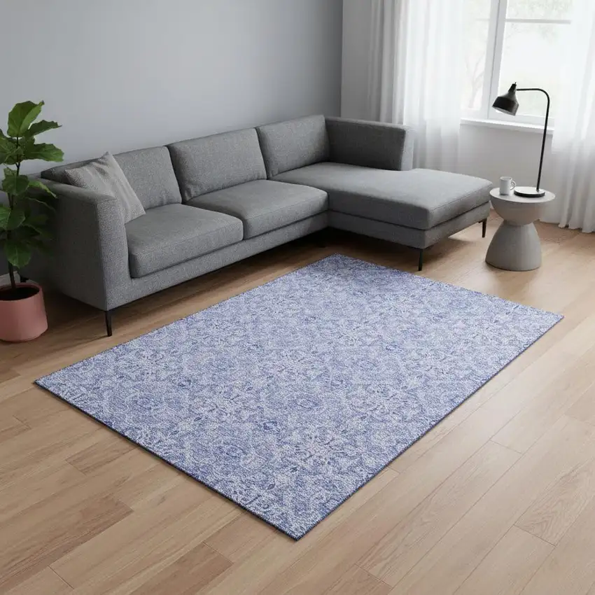 Sky Blue And Ivory Medallion Washable Area Rug With UV Protection Photo 2