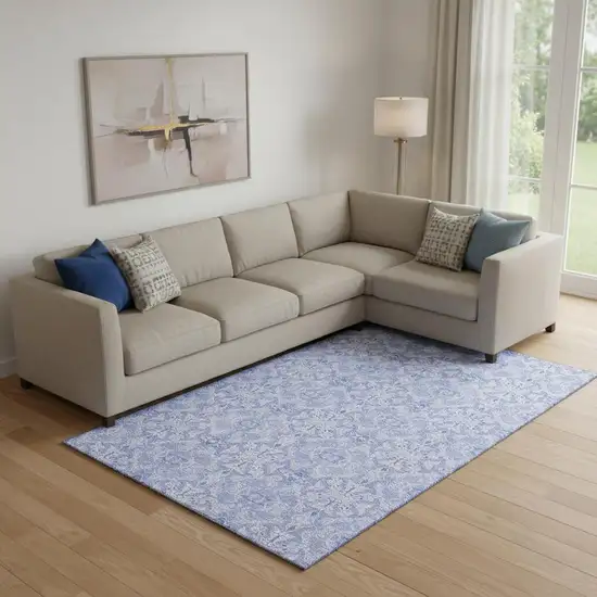 Sky Blue And Ivory Medallion Washable Area Rug With UV Protection Photo 1