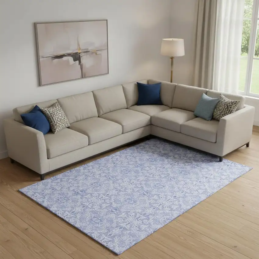 Sky Blue And Ivory Medallion Washable Area Rug With UV Protection Photo 1