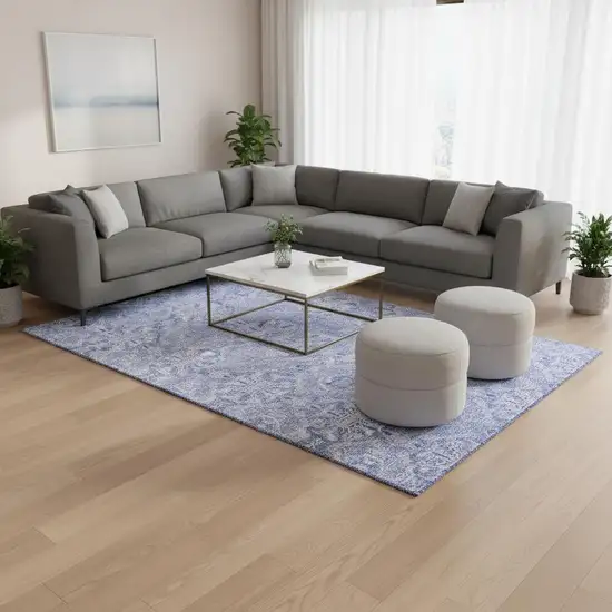 Sky Blue And Ivory Medallion Washable Area Rug With UV Protection Photo 2